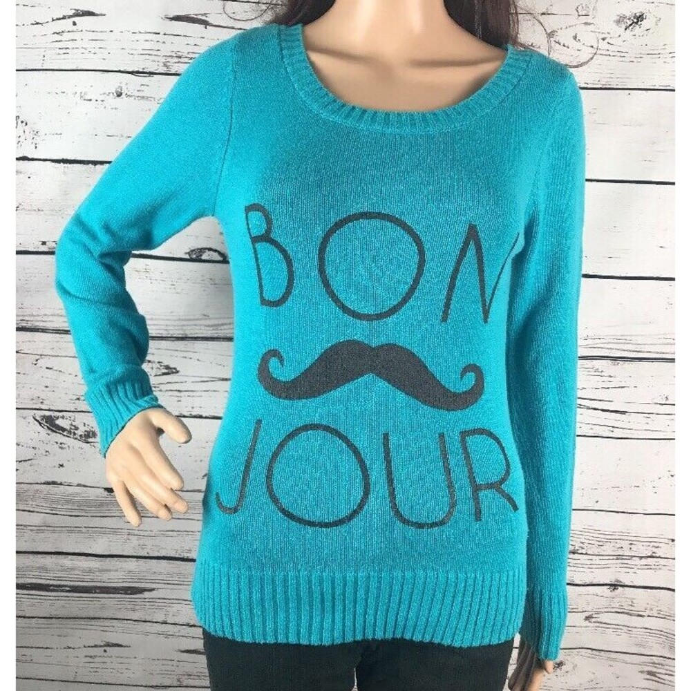 Turquoise Bon Jour Mustache Sweater